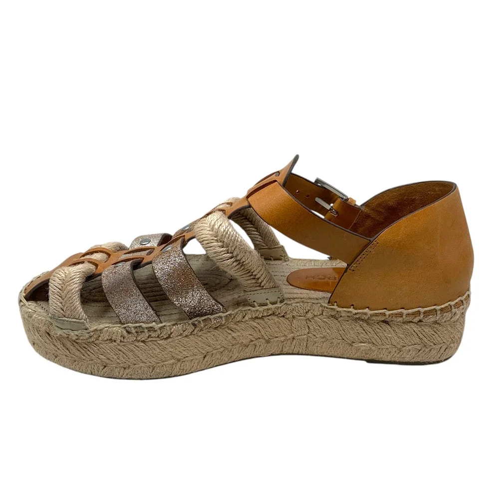 Tory Burch Sz 11 Fisherman Platform Espadrilles Silver/Brandy Leather Nautical